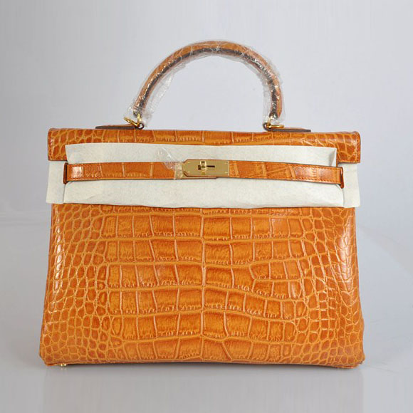 High Quality Hermes Kelly 35cm Crocodile Veins Leather Bag Yellow H035 - Click Image to Close